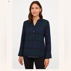 🍃 Ann Taylor LOFT The Softened Collared Green Blue Plaid Long Sleeve Shirt S EUC